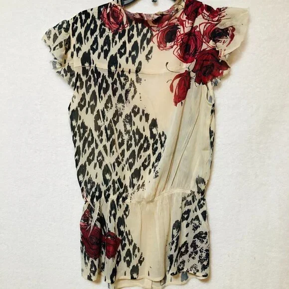 Jonathan Martin Floral and Cheetah Sheer Ruffle Button Down Blouse Size Small - Picture 5 of 7